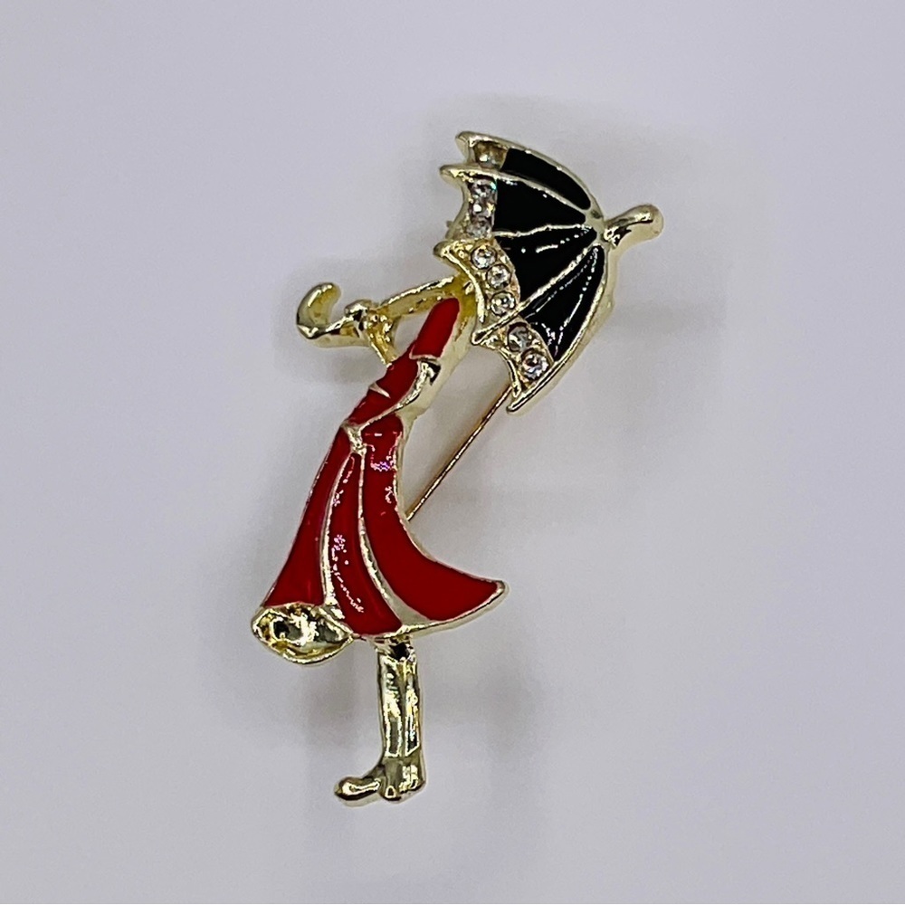 Umbrella Brooch Enamel Girl Woman Enamel Alloy Pin Red Gold Tone Rhinestone